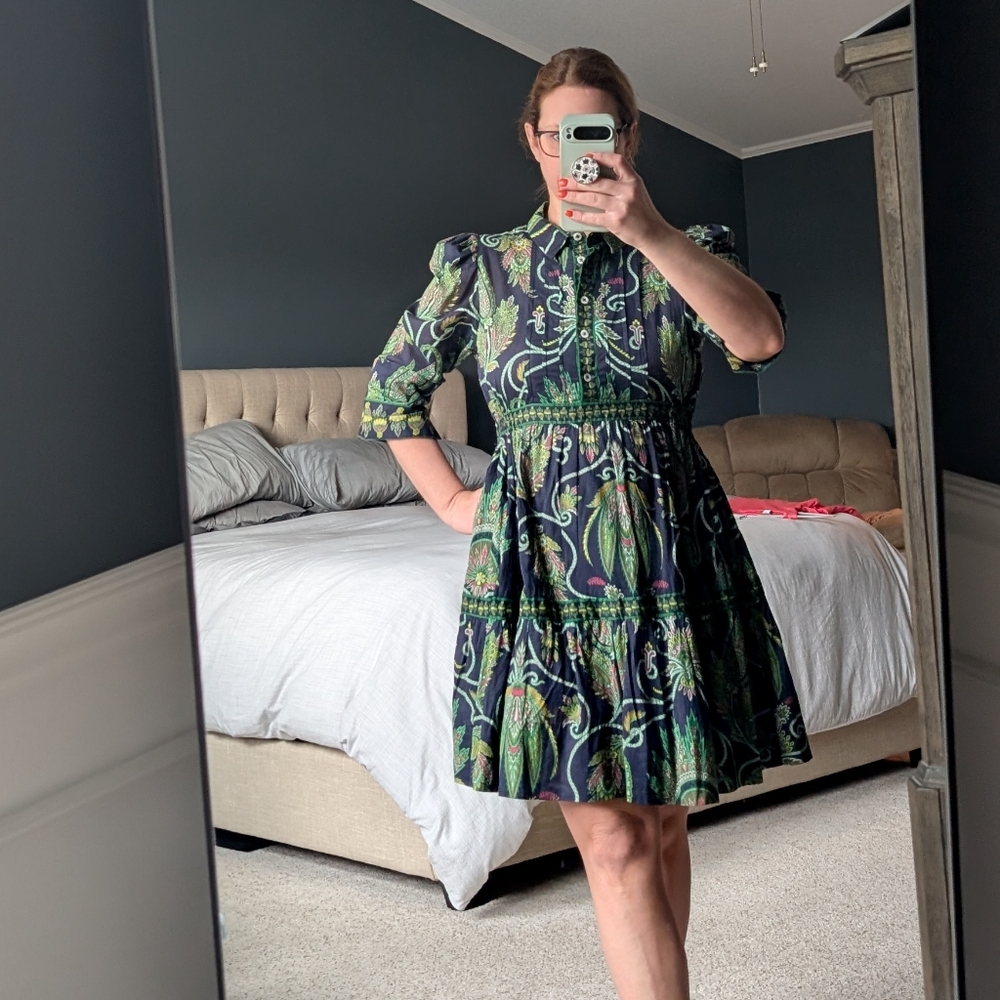 Gretchen Scott Designs Navy & Green Paisley Tiered Shirt Dress